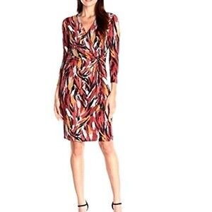 Anne Klein Womens 10 Faux Wrap Caravan Abstract Jersey Knit Long Sleeves Dress